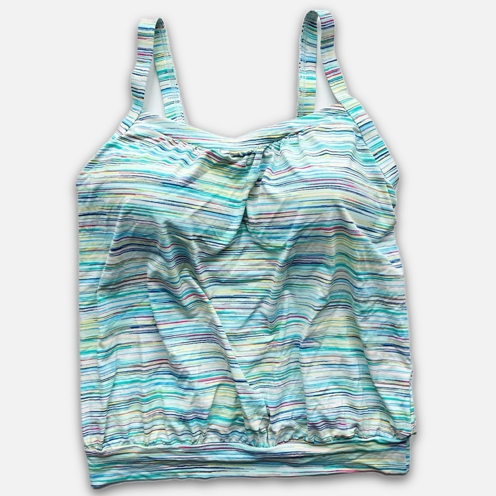 Lands’ End Blouson Tankini Top 8 DDD turquoise‎ stripe adjustable built in bra